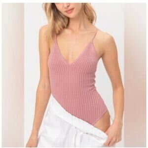 love tree Dusty Rose Ribbed Knit Bodysuit V-Neck Criss Cross Tie Back Sleeveless